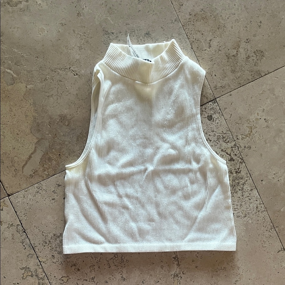 Priceless Sleeveless White Ribbed Mock Neck Top